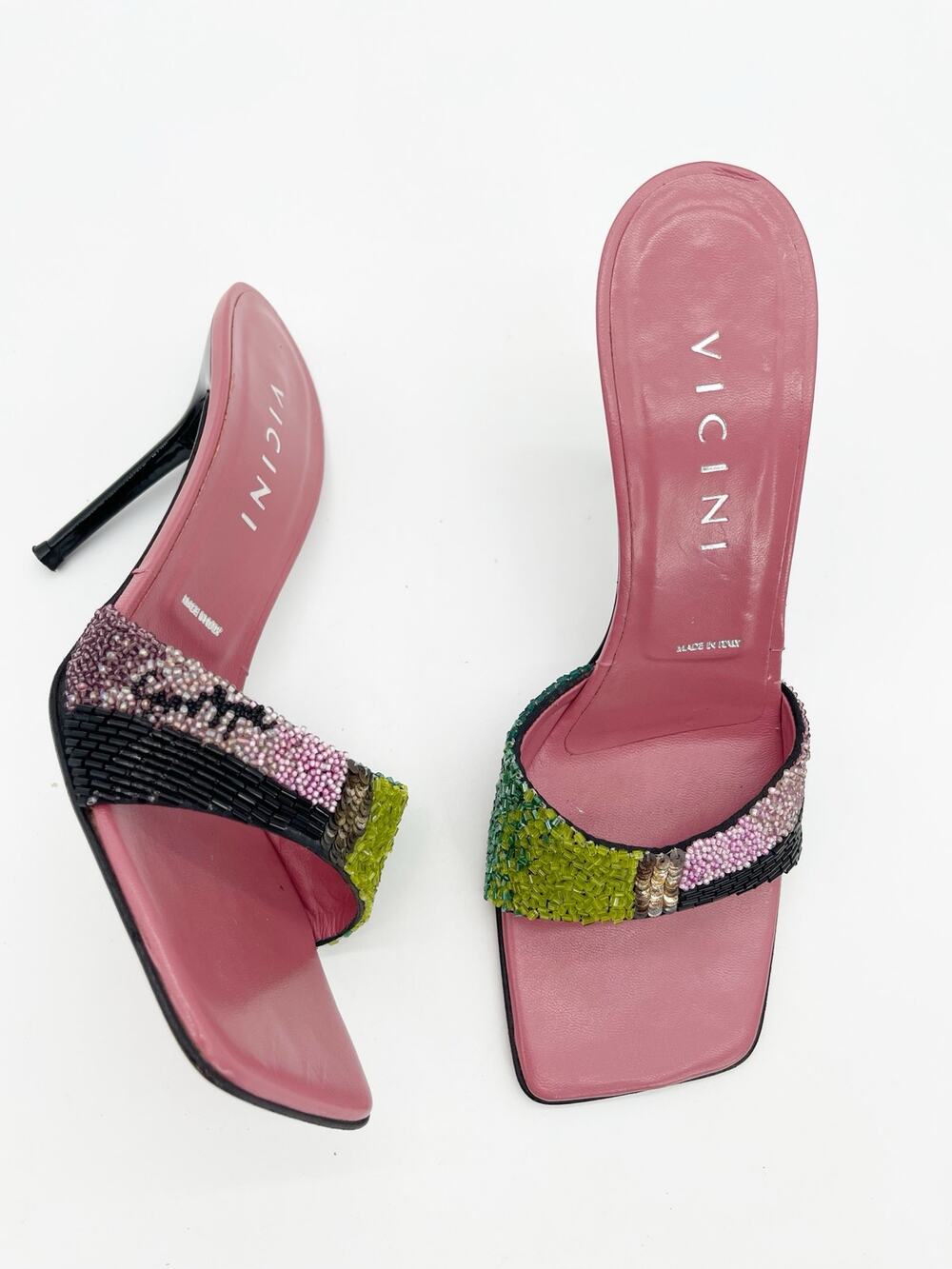 Vicini Giuseppe Zanotti Vintage Pink Multicolor Beaded Sequin Mules Heels IT 38